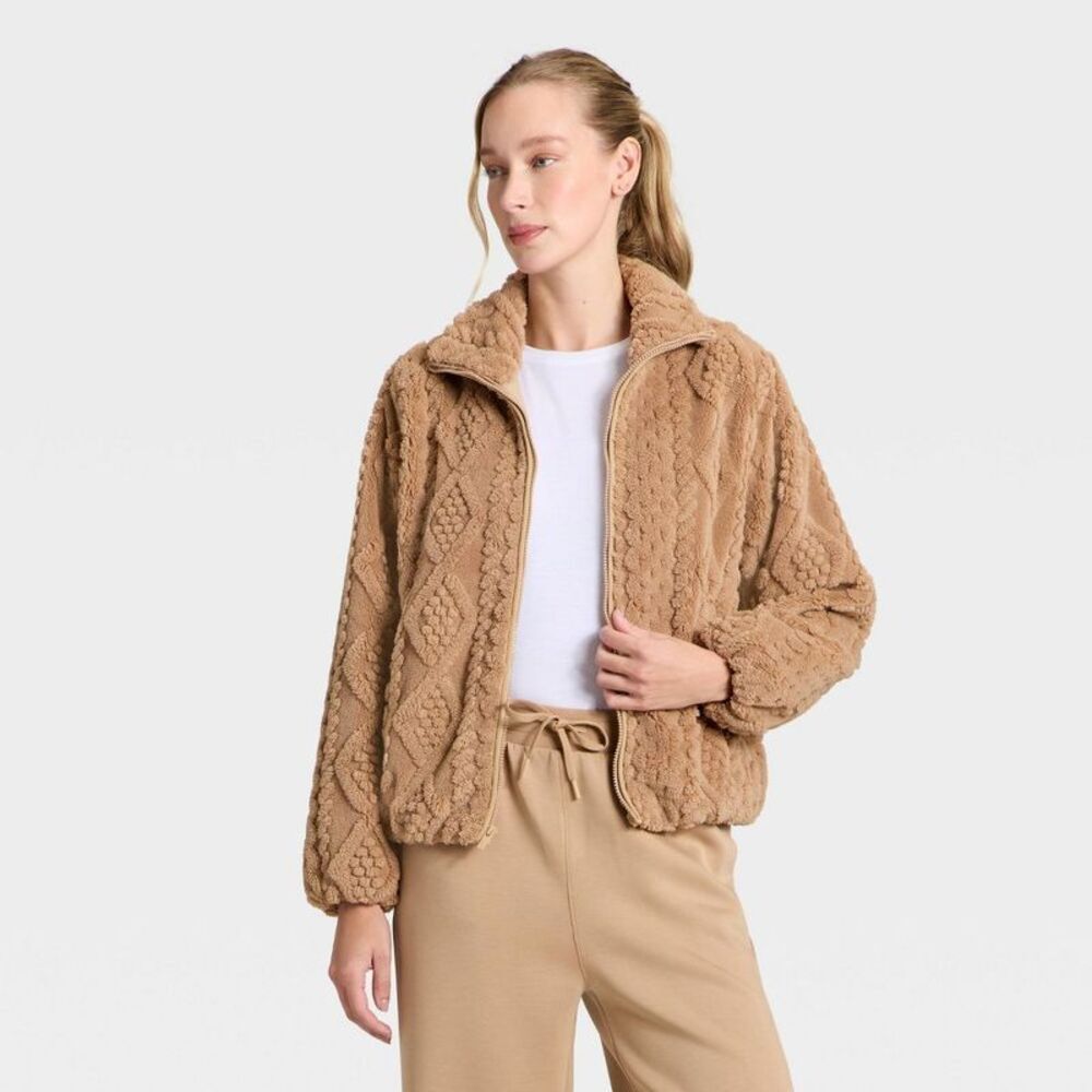 Women's Cable Knit Texture High Pile Fleece Jacket - All In Motion Taupe S